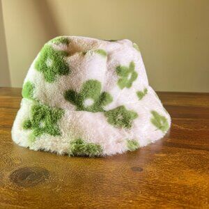 Green & White Fuzzy Bucket Hat | Plush Floral Print | Soft Cozy Statement Hat